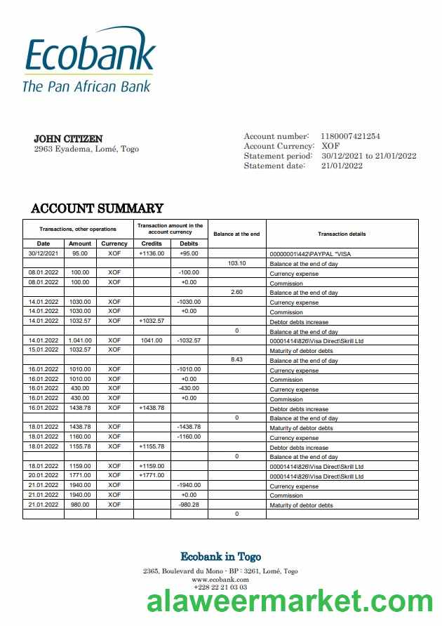 Togo Ecobank bank statement
